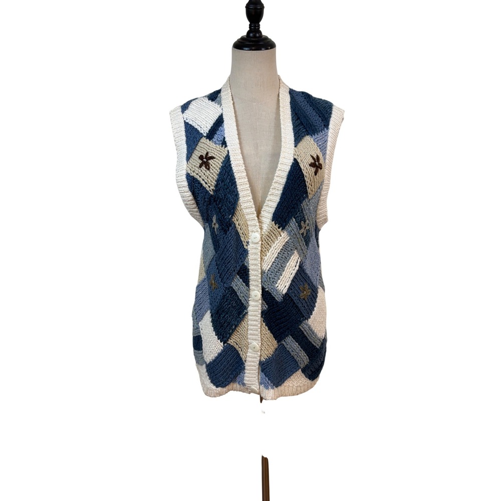 vtg 90s Huntington Ridge Sweater‎ Vest Women M Blue Handknit Floral patchwork
